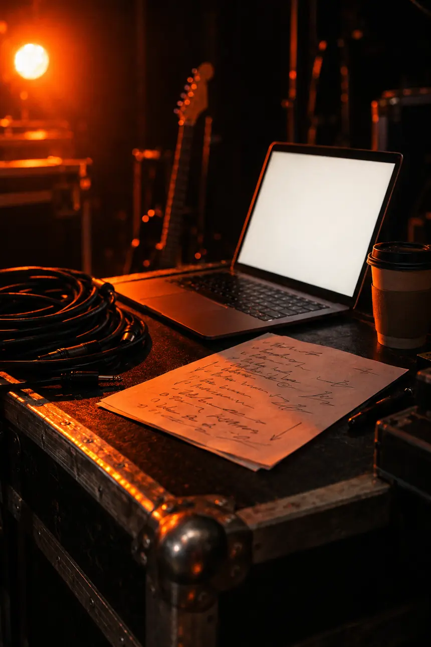 A laptop and a handwritten run sheet on a black road case backstage, lit by a single orange stage light.