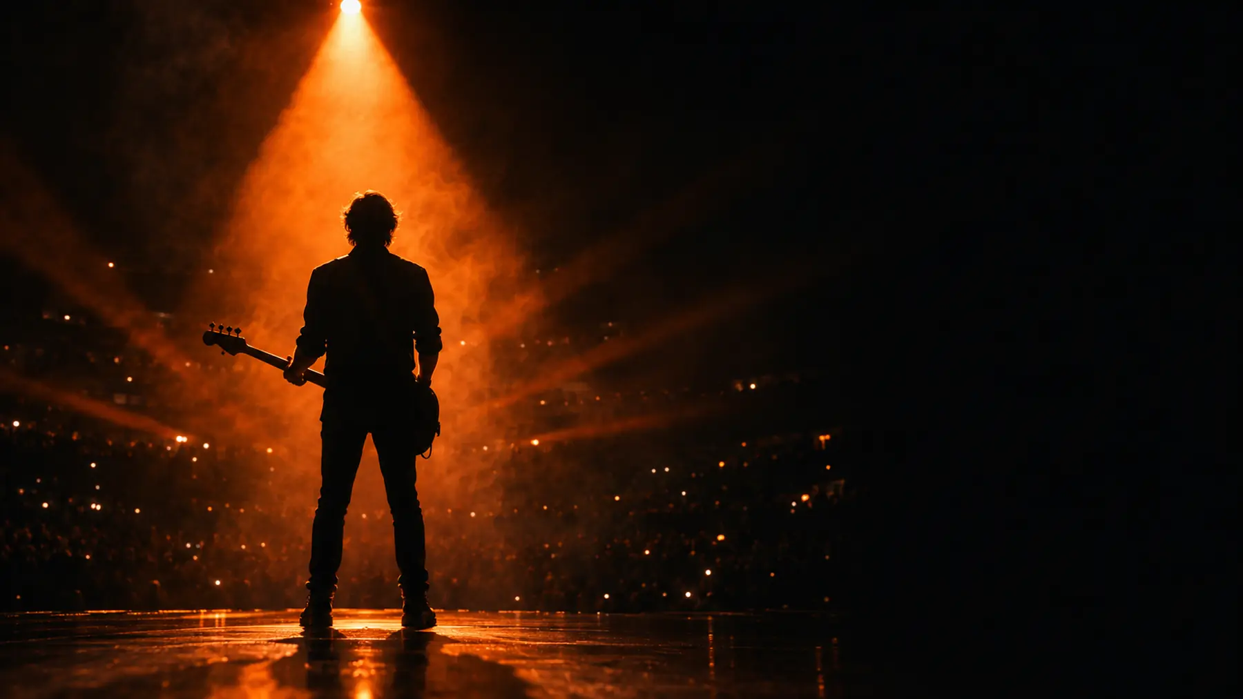 A lone performer holding a bass guitar stands in an orange spotlight, facing an arena.